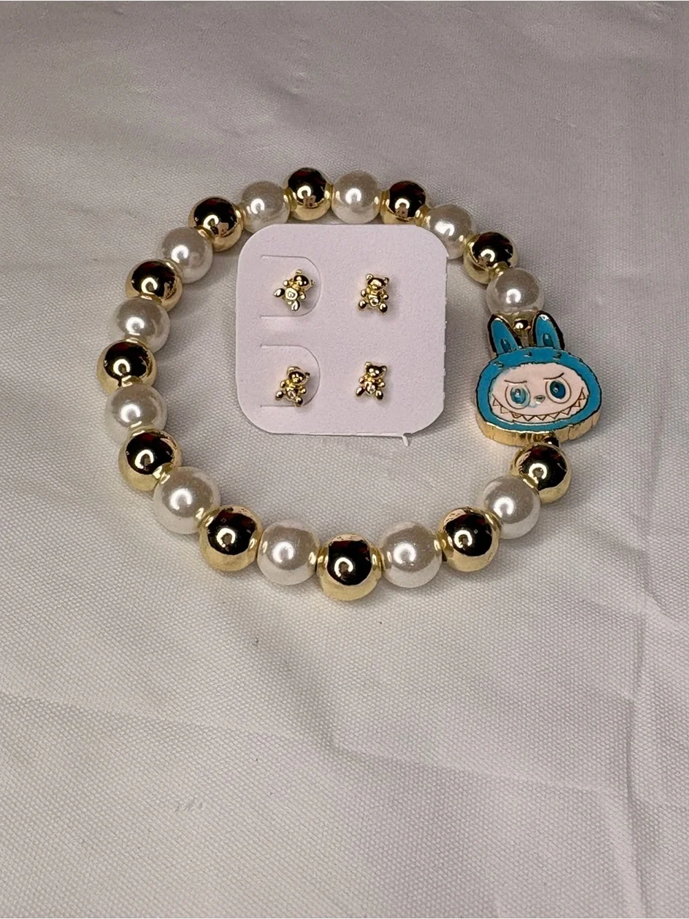 Kids Gold & Pearl Beaded Bracelet with Blue Character Charm